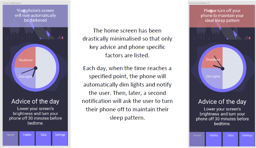 An example of how the app responds to the time of day and notifies the user