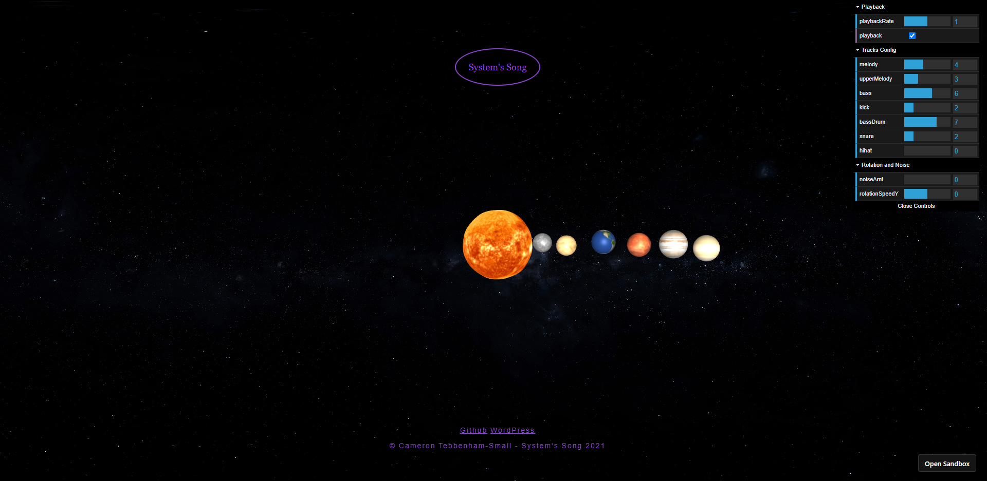 A space themed backdrop holds a series of planets rotating around a sun