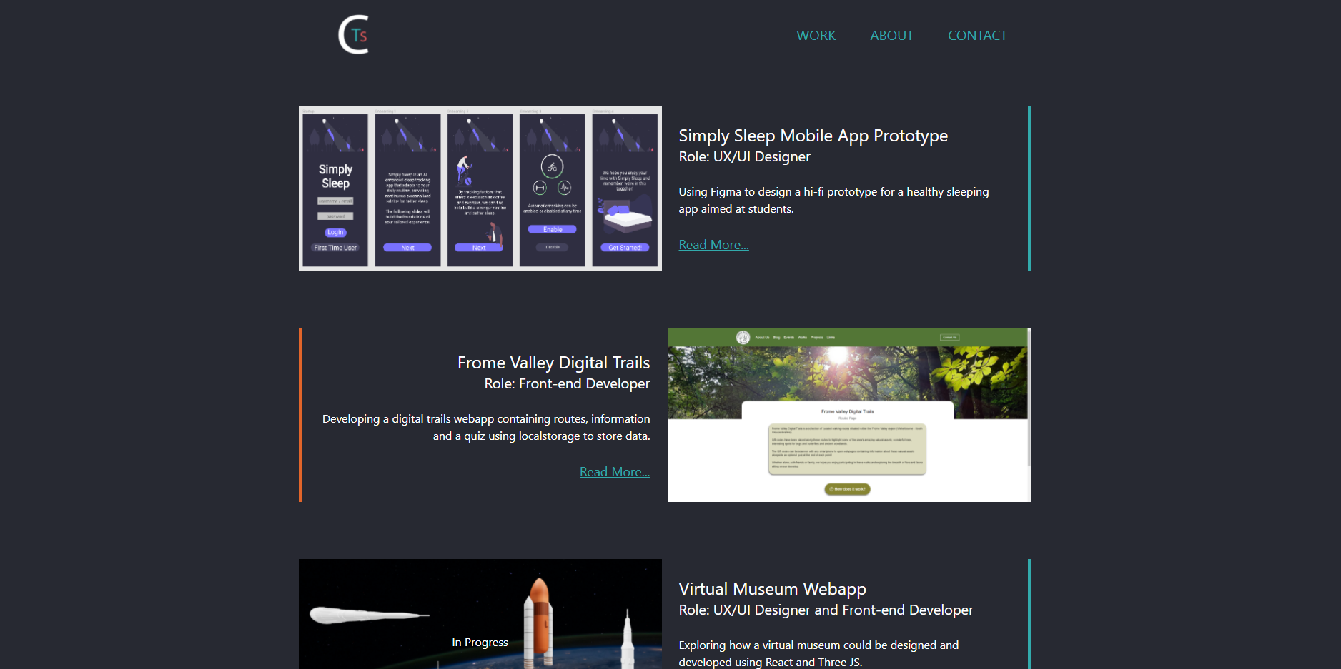 A screenshot containing the work section of this very website
